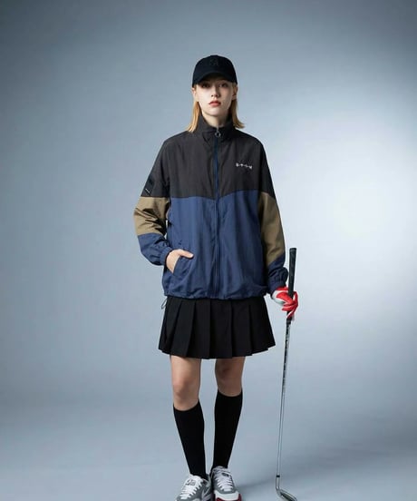 【ANTIQUAGOLF×STCH】Color Block Stand Zip Jacket-beige mix