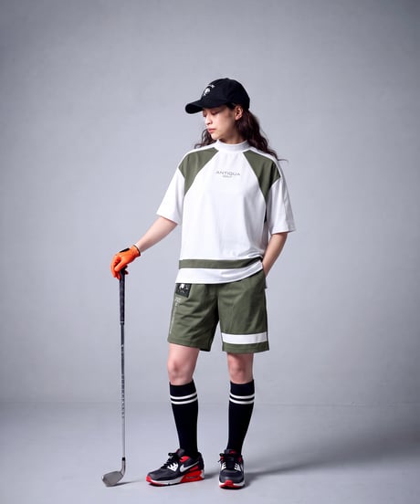 【ANTIQUA GOLF×STCH】Panel Mock Neck Tops-khaki mix