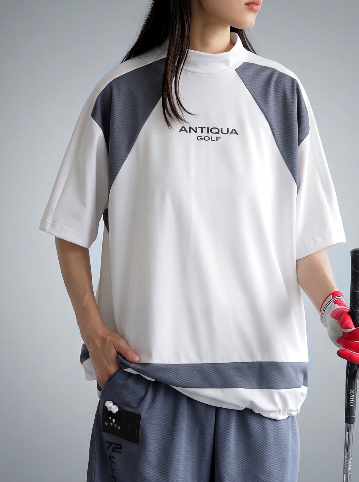 ANTIQUA GOLF×STCH】Panel Mock Neck Tops-gray mi