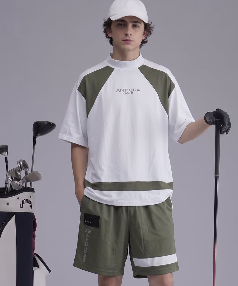 ANTIQUA GOLF×STCH】Panel Mock Neck Tops-khaki m