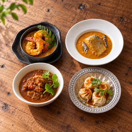 山椒魚の食卓セット｜鯖・海老・チキンカレーとmomo 4品〖冷凍品〗