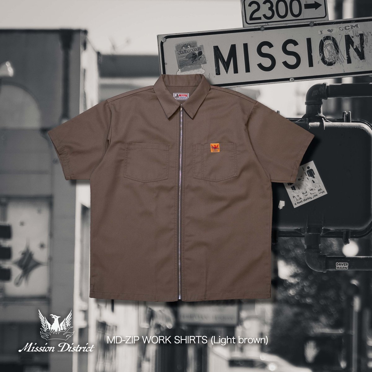 MISSION DISTRICT 半袖ワークシャツ ネイティブジャパニーズ Light Brown】MD-ZIP WORK SHIRTS | NATIVE JAPANE