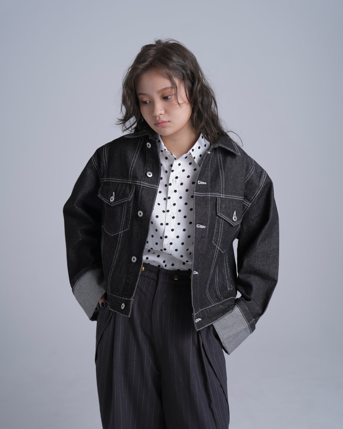Cropped Roll-Up Denim Jacket【BLACK】 | Mr.Creape
