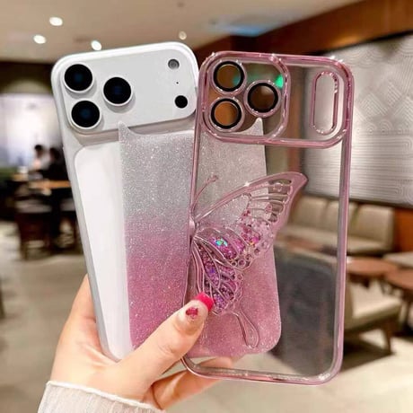 【N532】蝶々 iphone18pro/17/17proケース グリッター iphone16/16pro ケース キラキラ 透明「グラデーションのシール付き」