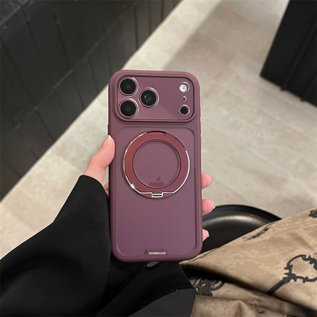 【N853】iphone18pro/18promax ダークチェリー に 合う ケース iphoneクリア ケース スタンド 付き 360度回転可能