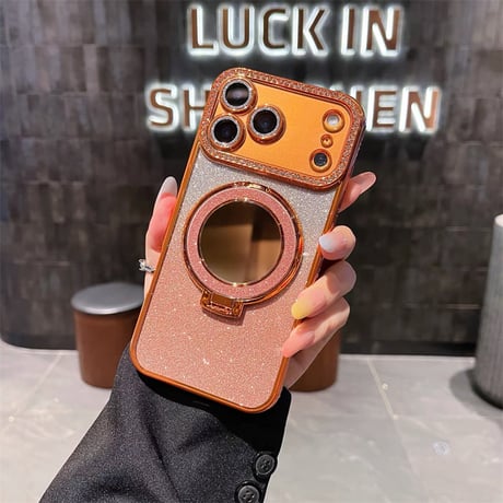 【N507】ミラー付き iphone クリア ケース キラキラ iPhone18pro/17pro/16pro ケース スタンド【カメラ保護フィルム一体型】