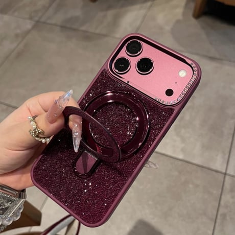 【N865】iphone18pro/18promax バーガンディ に 合う ケース キラキラ かわいい iphone ケース スタンド 付き