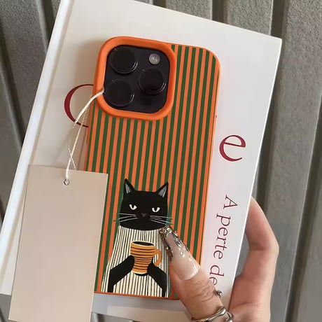 S75737 コーヒーキャット ストライプ iPhoneケース
