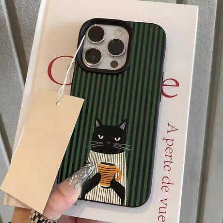 S75737 コーヒーキャット ストライプ iPhoneケース