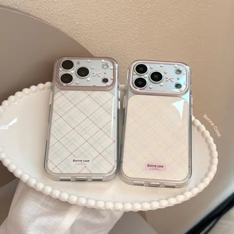 S75708 ふんわりパステルチェック リボンカメラ iPhoneケース