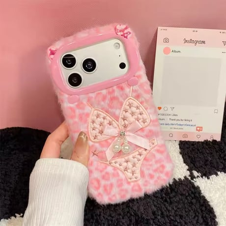 K23217 ピンクレオパード リボン iPhoneケース