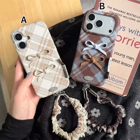 K23350 チェックリボンシュシュストラップiPhoneケース