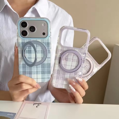 K23247 パステルチェック リングスタンド付き iPhoneケース