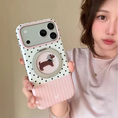 K23315 ドッグモチーフドットMagSafe回転リングスタンドiPhoneケース