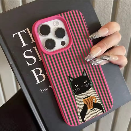 S75737 コーヒーキャット ストライプ iPhoneケース