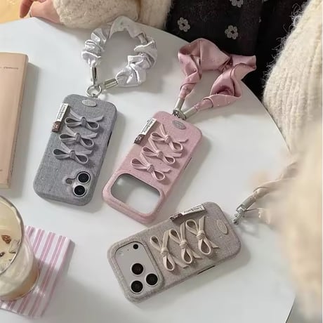 K23349  トリプルリボンシュシュストラップiPhoneケース