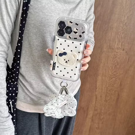 K23339 ドットリボンベアストラップ付きiPhoneケース