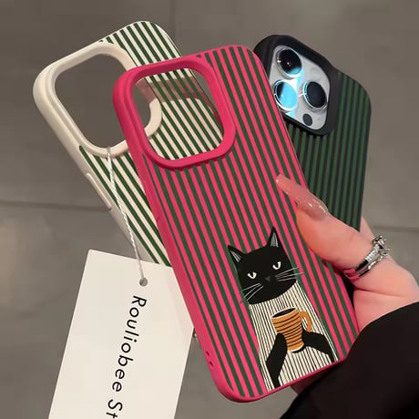 S75737 コーヒーキャット ストライプ iPhoneケース