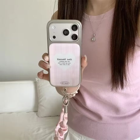 K23338 ハートチェックストラップ付きiPhoneケース
