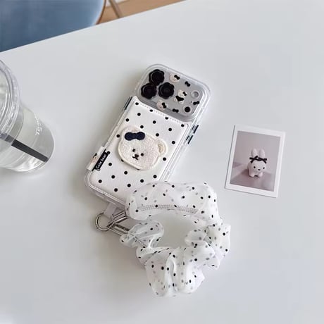 K23339 ドットリボンベアストラップ付きiPhoneケース