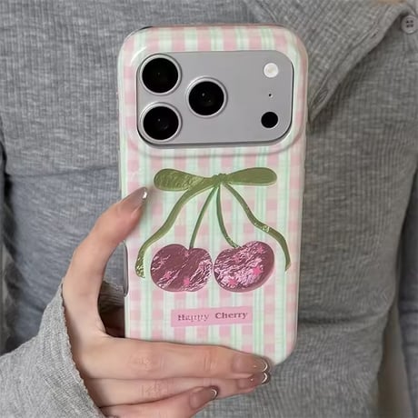 S75825 チェック柄チェリー iPhoneケース