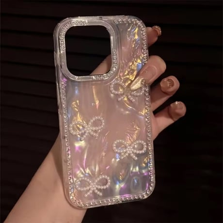 【即納商品】L62346 パールリボン×オーロラiPhoneケース