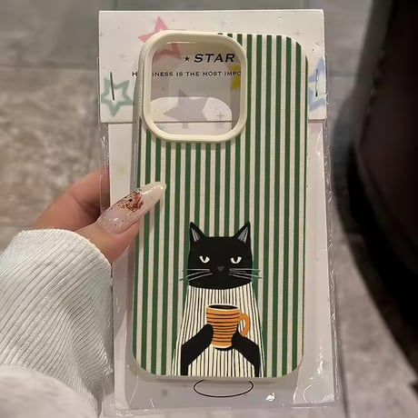 S75737 コーヒーキャット ストライプ iPhoneケース