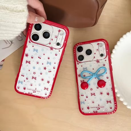 L62497 チェリーリボン クリアiPhoneケース