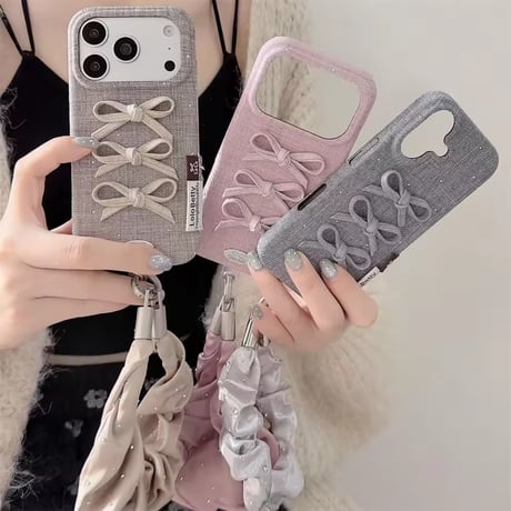 K23349  トリプルリボンシュシュストラップiPhoneケース