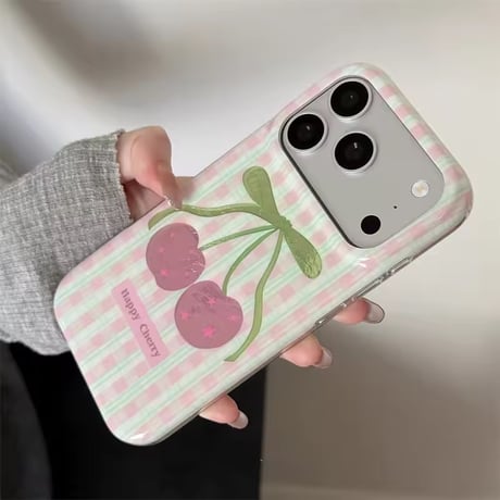 S75825 チェック柄チェリー iPhoneケース