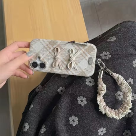 K23350 チェックリボンシュシュストラップiPhoneケース