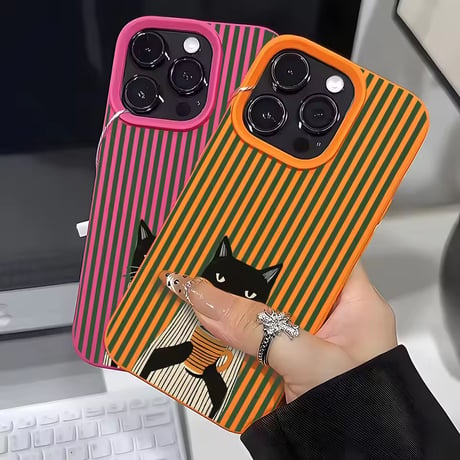 S75737 コーヒーキャット ストライプ iPhoneケース