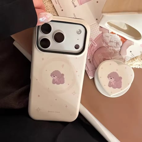 K23287 ふわふわわんこハートMagSafeグリップiPhoneケース