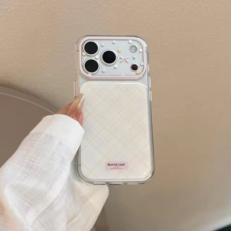 S75708 ふんわりパステルチェック リボンカメラ iPhoneケース