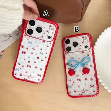 L62497 チェリーリボン クリアiPhoneケース