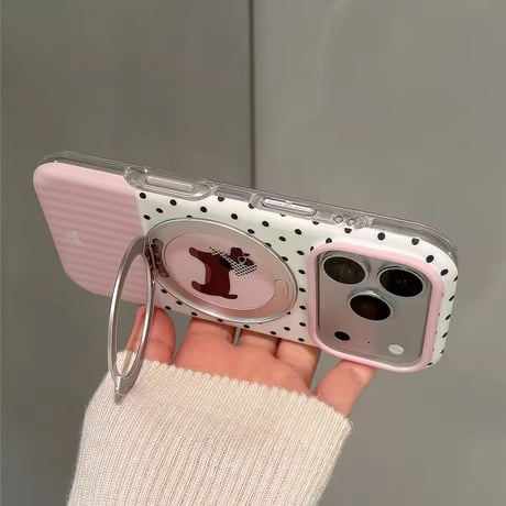 K23315 ドッグモチーフドットMagSafe回転リングスタンドiPhoneケース