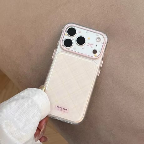 S75708 ふんわりパステルチェック リボンカメラ iPhoneケース
