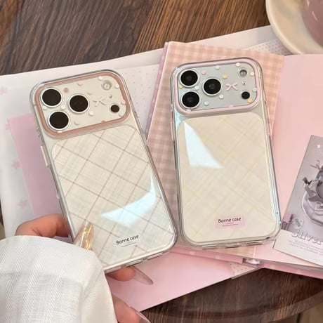 S75708 ふんわりパステルチェック リボンカメラ iPhoneケース