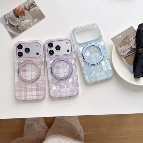 K23247 パステルチェック リングスタンド付き iPhoneケース