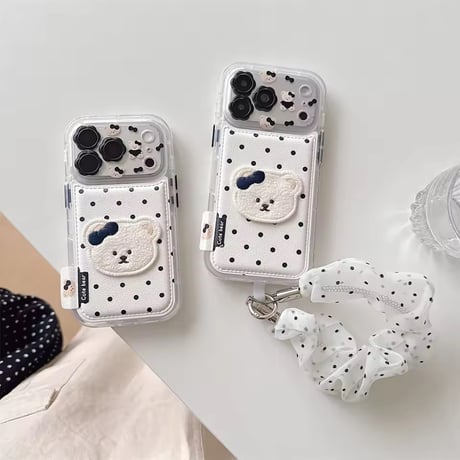 K23339 ドットリボンベアストラップ付きiPhoneケース