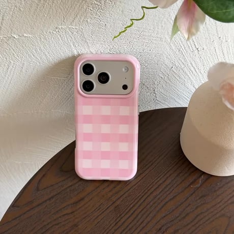 K23287 パステルチェックハートミラーiPhoneケース