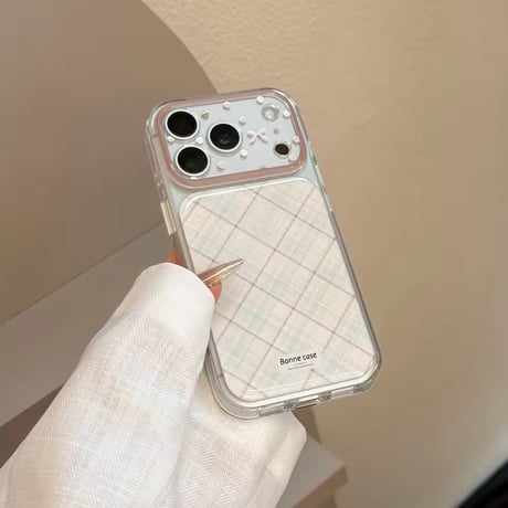 S75708 ふんわりパステルチェック リボンカメラ iPhoneケース