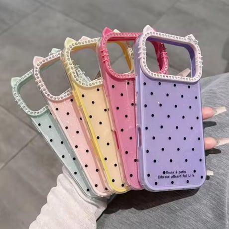 S75275 猫耳ビジューフレームドットiPhoneケース