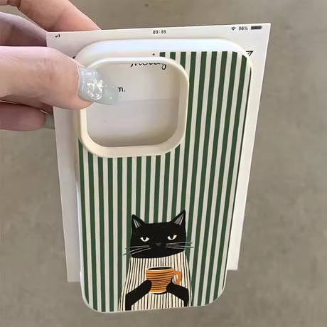 S75737 コーヒーキャット ストライプ iPhoneケース