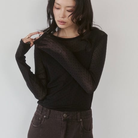【hunch】パワーネット フロッキードットプリント クルーネックトップス