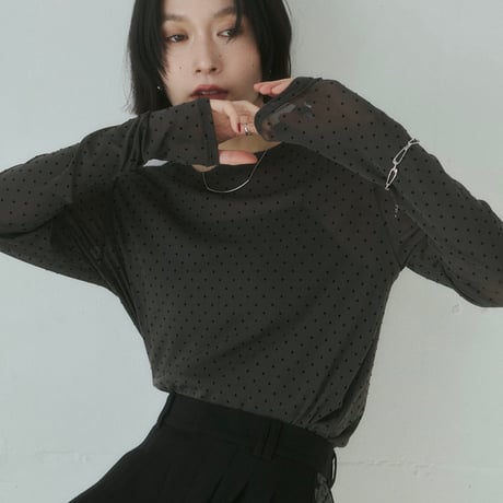 【hunch】パワーネット フロッキードットプリント クルーネックトップス