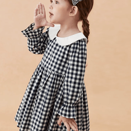 [予約] Navy Gingham Collar Dress