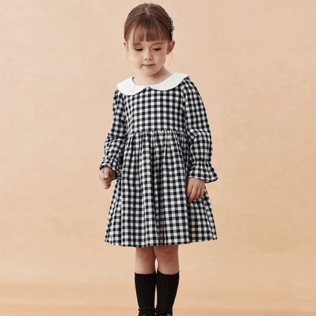 [予約] Navy Gingham Collar Dress