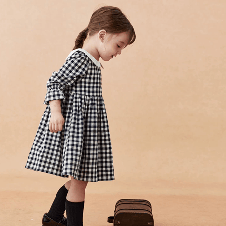 [予約] Navy Gingham Collar Dress