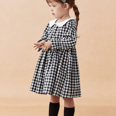 [予約] Navy Gingham Collar Dress
